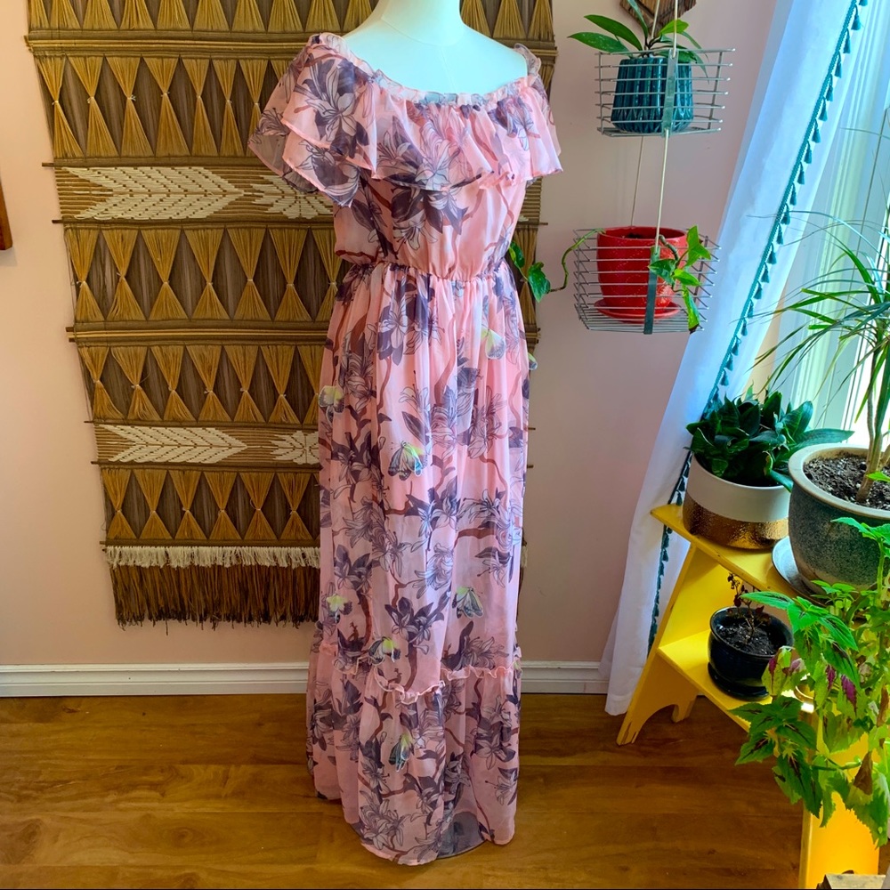 Beautiful Pink Floral Print & Butterfly Applique Gown, Size Small, BNWT